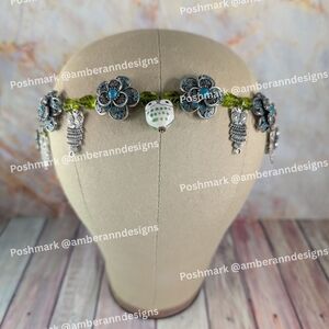 One Of A Kind Teal Owl Charm Floral Headband w/ Silver and Green Floral Accents